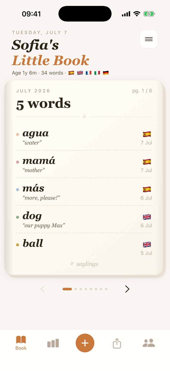 The Saylings word book screen — a toddler's first words in Spanish and English, each with its meaning, date and a voice recording