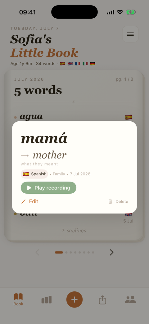 A word card for “mamá” showing its meaning, language and a Play recording button